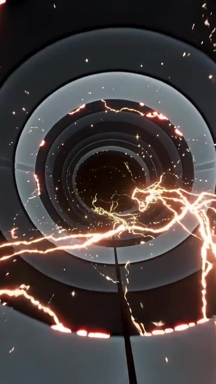 Vertikal video: Pulserende koncentrisk tunnel i en skakt, der kaster gyldne buer, som vokser og sender gnister afsted.