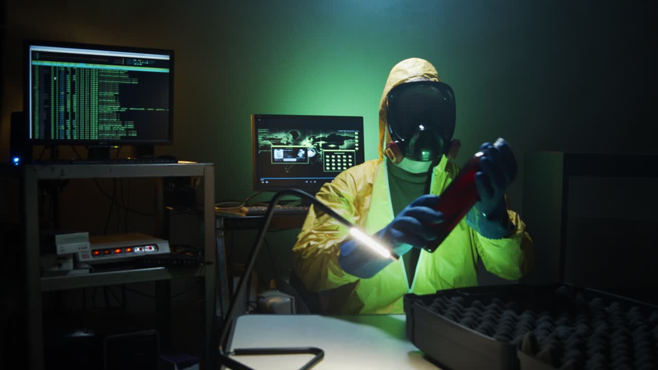 bioterrorista examina una botella de líquido peligroso