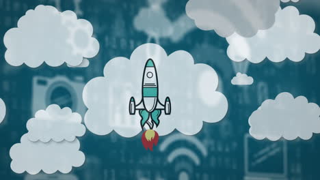 animation of space rocket taking off over online icons and digital clouds on blue background