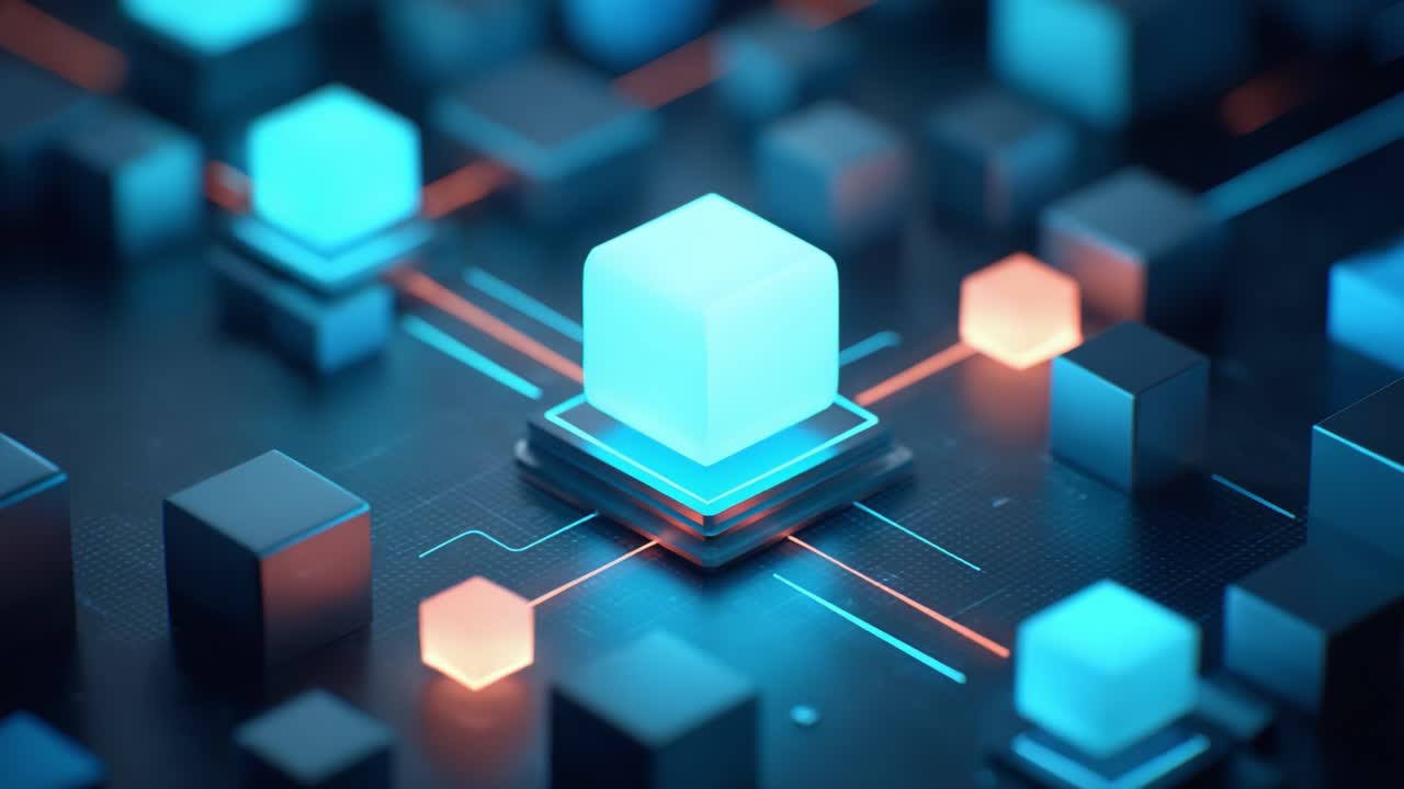 A Futuristic Digital Layout Featuring Luminous Blue and Orange Cubes on a Circuit-like Background, Highlighting the Intersection of Technology and Design