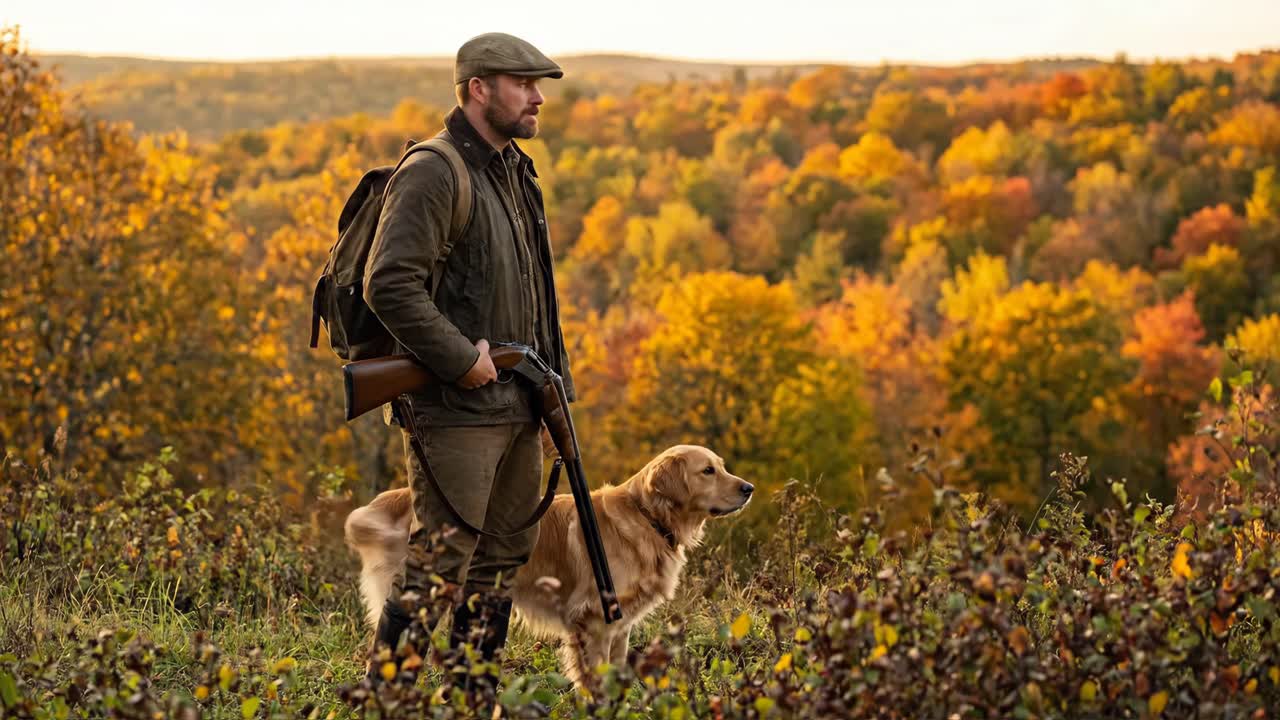 Cacciatore con Golden Retriever che punta un fucile in una foresta autunnale