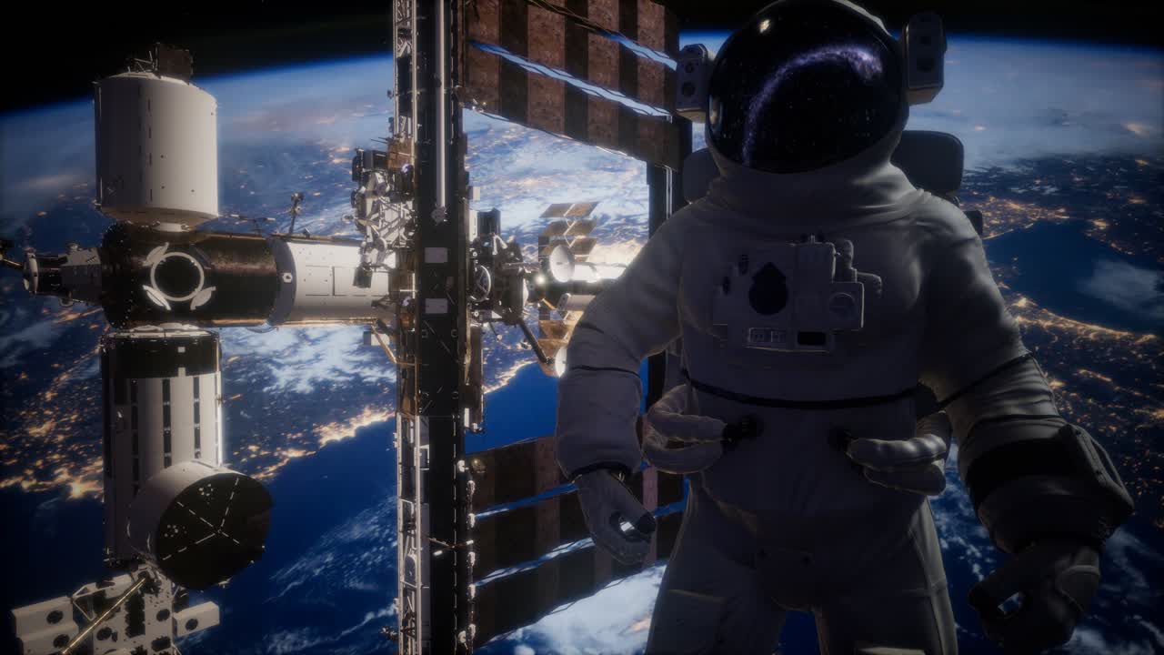 Internationella rymdstationen och astronaut i yttre rymden över planeten jorden