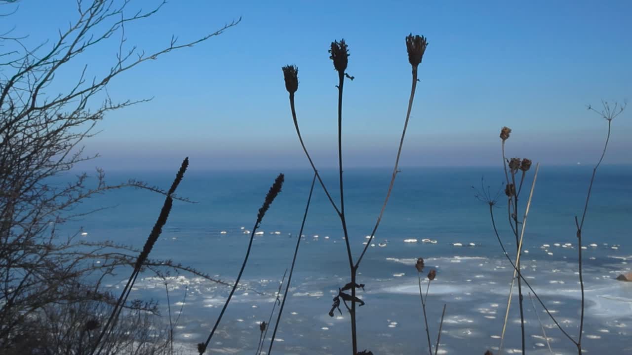 Frozen and cold Baltic blue ocean sea water with large chunks and pieces of ice and rocks floating in it viewed from high altitude Tabasalu cliff bank during winter sunny day. Horizon visible in back.