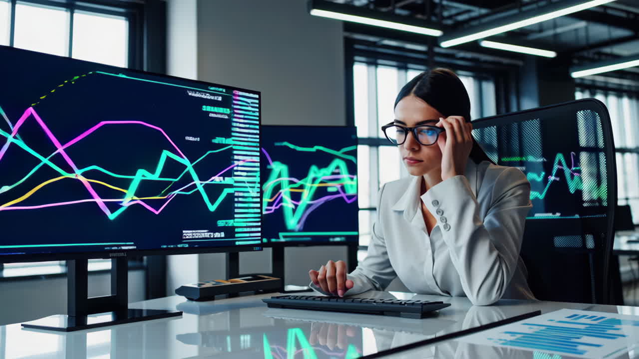 mujer de negocios analizando datos en una oficina moderna