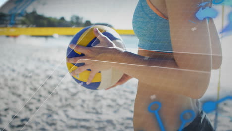 holding volleyball on sandy beach, person with animation of digital network overlay