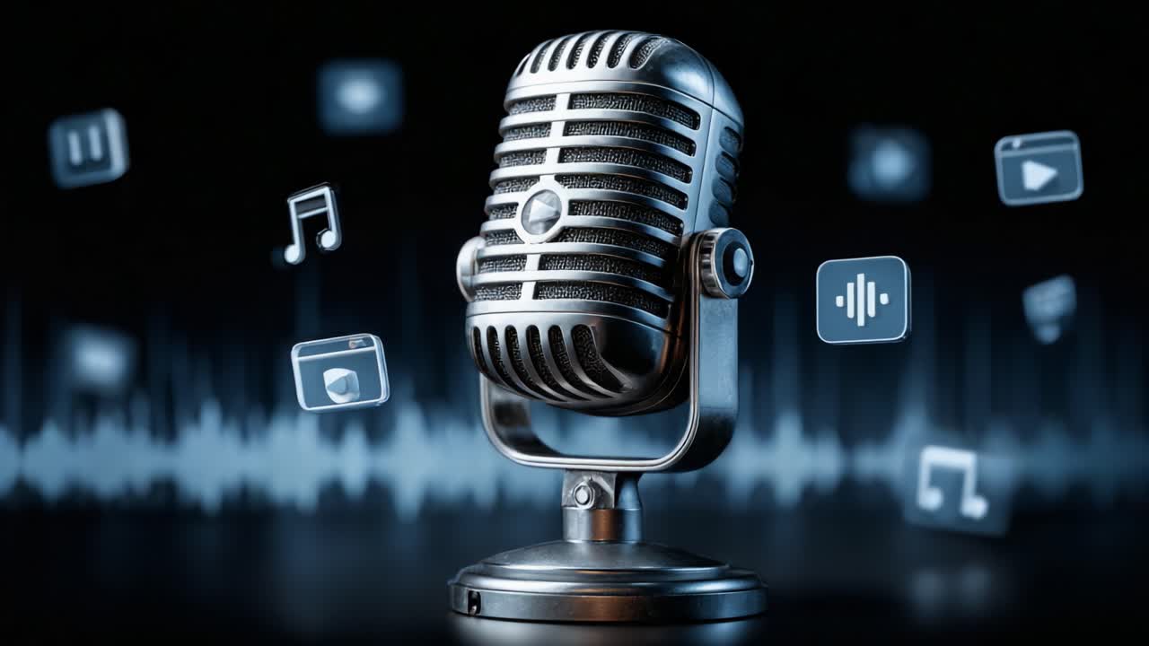 A Stunning Microphone Captured in Two Frames, Emphasizing Its Design and Surroundings with Music Icons and Waves, Perfect for Media and Sound Enthusiasts