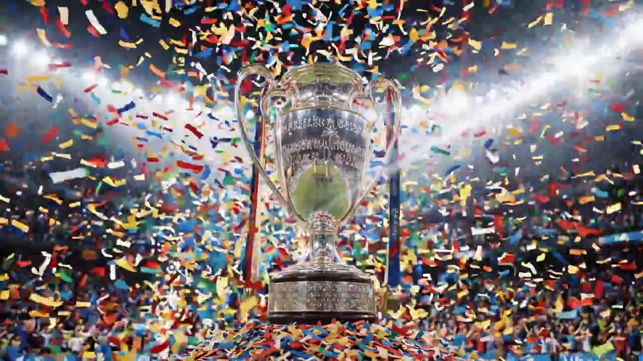 Celebración de la victoria: Un trofeo majestuoso rodeado de confeti festivo en un gran estadio lleno de aficionados jubilosos