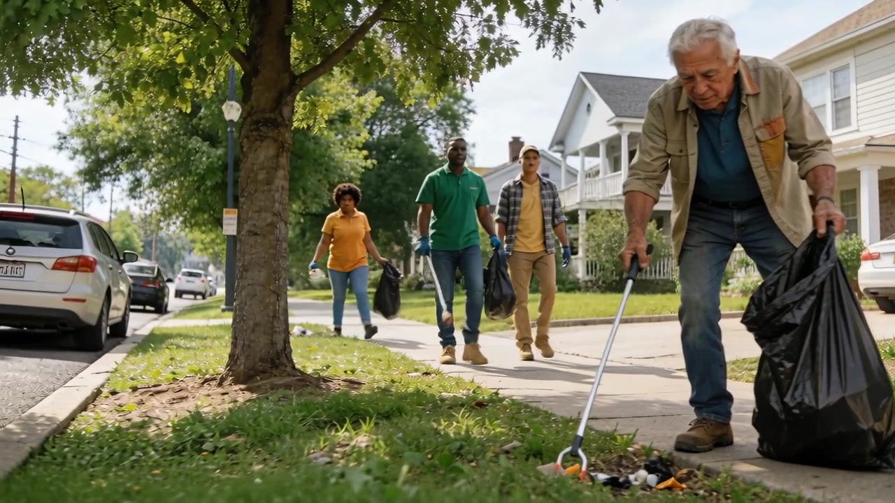 Neighbors arriving, tan-jacketed senior picking litter using grabber filling black bag curb cleanup