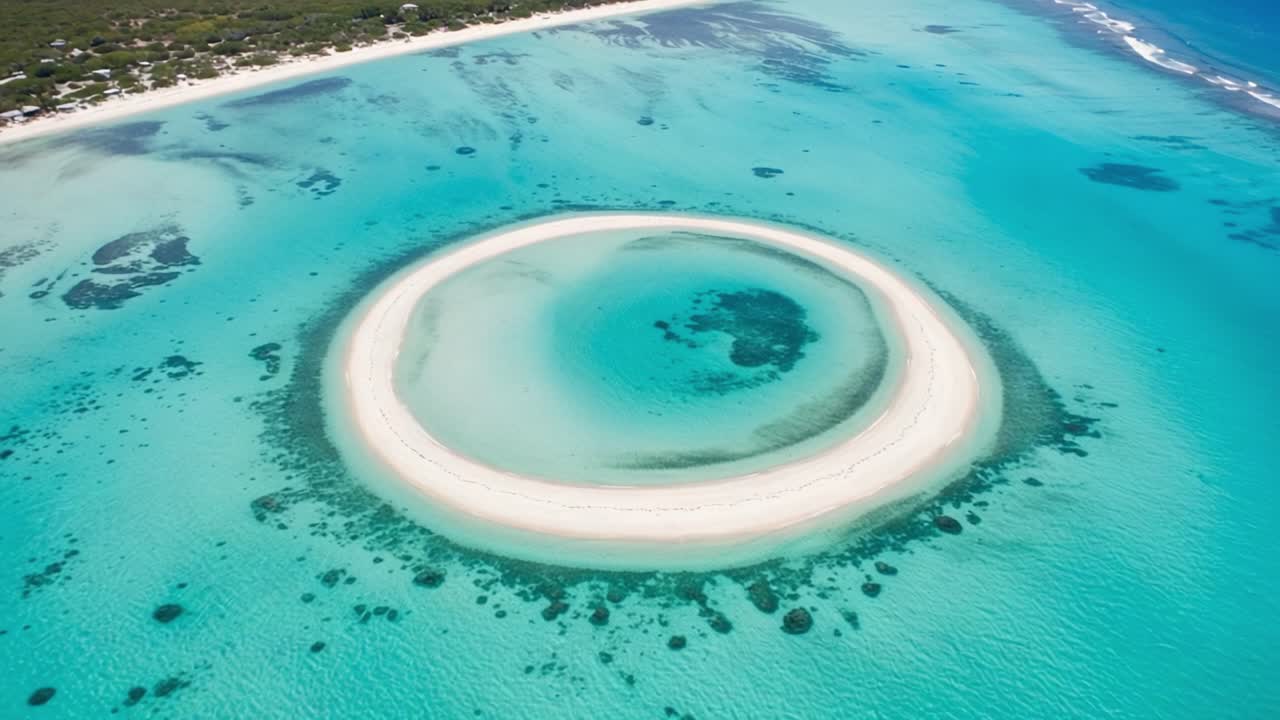 Aerial View of a Serene Oceanic Sandbar Surrounded by Vibrant Crystal-clear Waters, Highlighting Natural Beauty and Geometric Patterns of the Sea