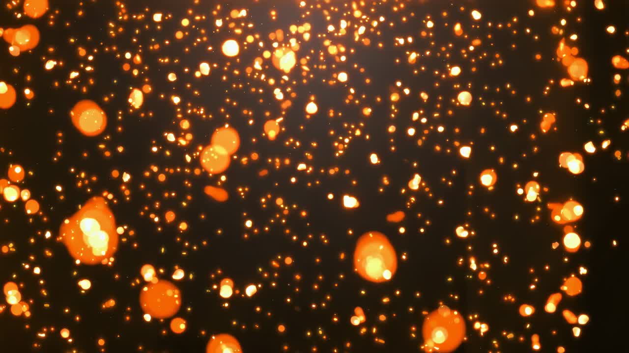 Initiating swarm of glowing orange particles drifting against dark backdrop, creating ember field