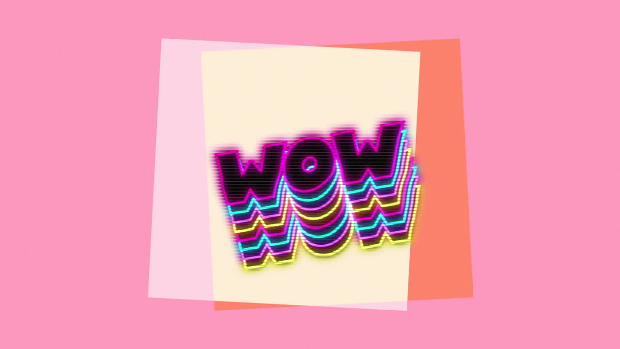 Animazione di banner di testo neon "wow" con effetto ombra su forme quadrate su sfondo rosa