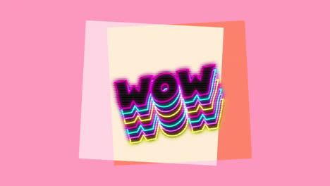 animation of neon wow text banner with shadow effect against square shapes on pink background