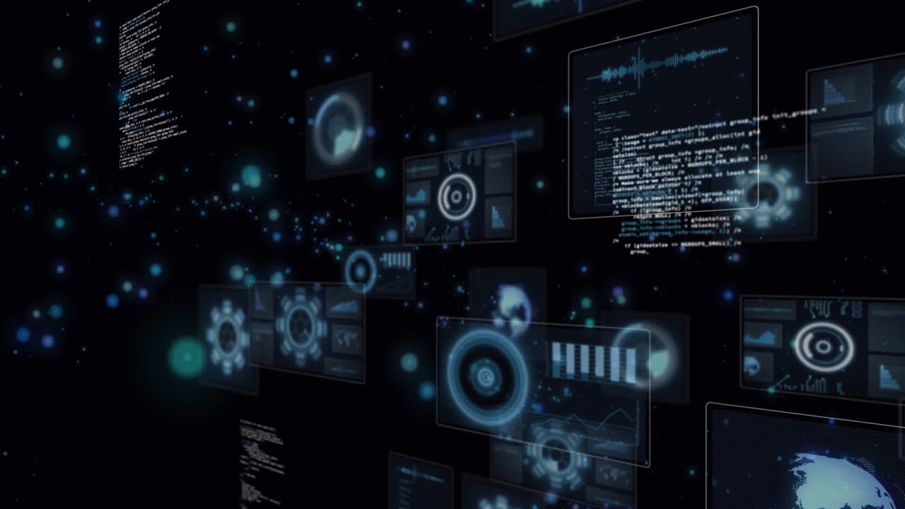 Animation of glowing blue spots of light over round scanners and data processing on black background
