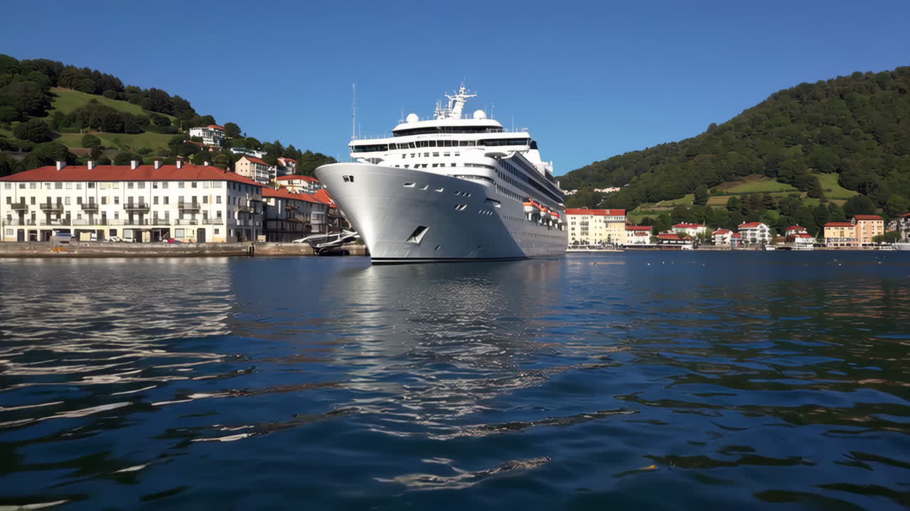 Large Cruise Ship Docked in a Scenic Harbor Town