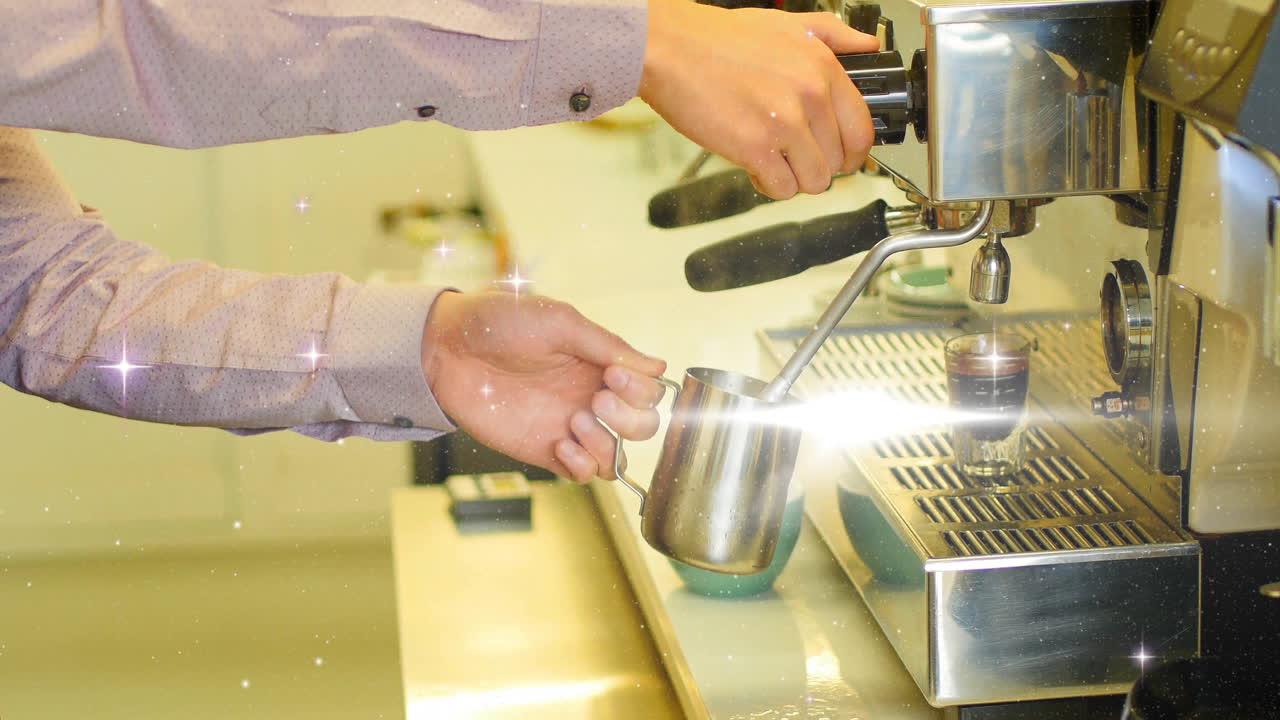 Barista hands frothing milk and steaming espresso on espresso machine in animated flat design scene