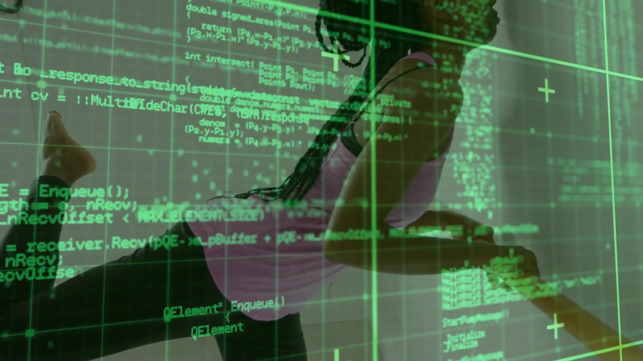Young Black Woman Practicing Yoga with Green Digital Code Overlay