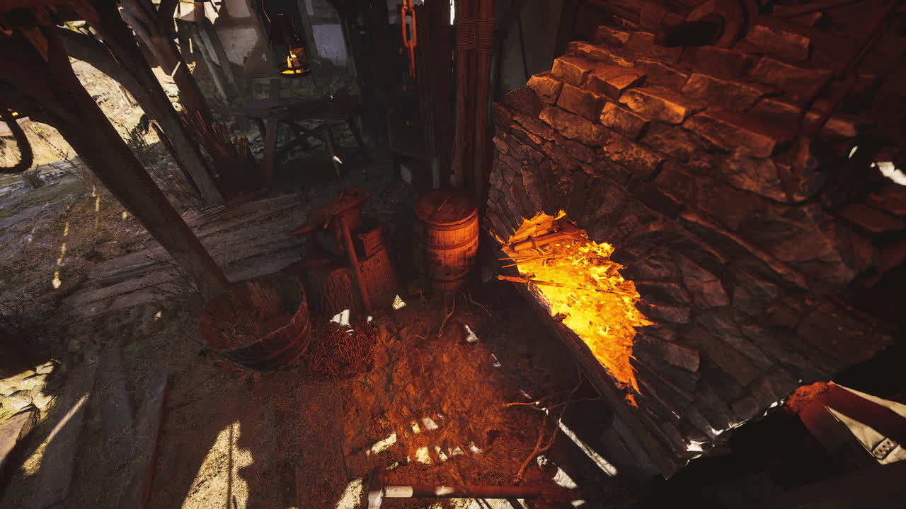 Old forge with glowing coals and rustic tools illuminated by daylight