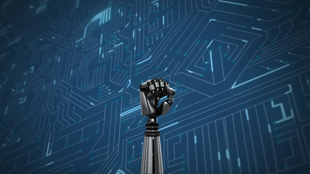 mano de robot y placa de circuito brillante