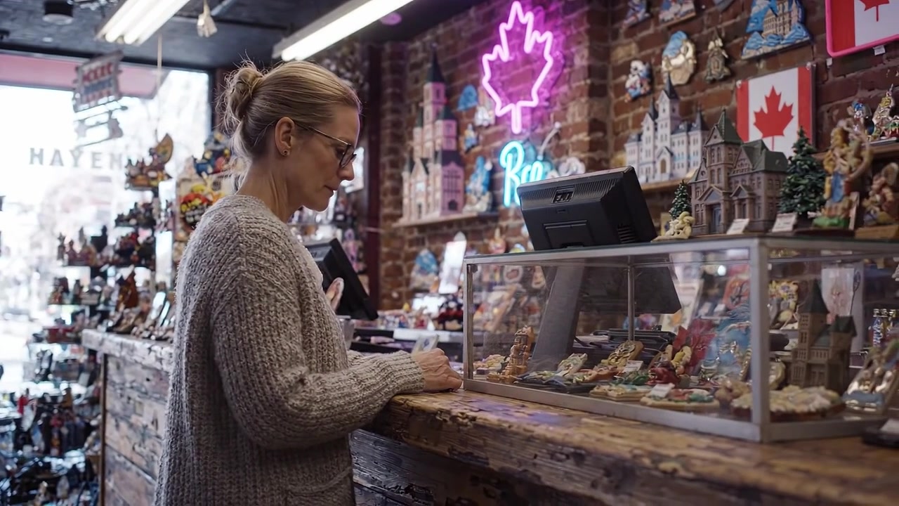 Donna in un'accogliente bottega di regali: esplora articoli fatti a mano e souvenir in un grazioso negozio decorato con insegne al neon colorate e esposizioni uniche.