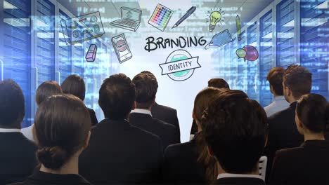 business people looking at digital screen showing branding