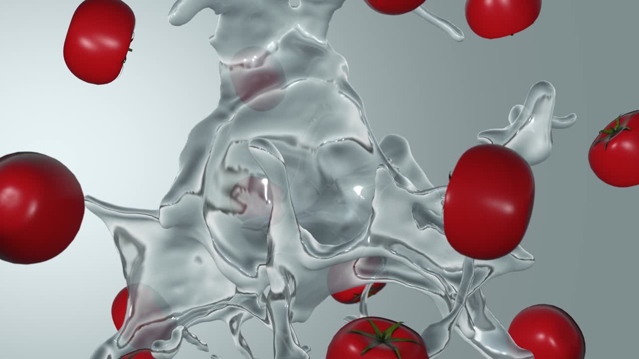 신선한 토마토와 공중에서 회전하는 물, 고품질의 4k 원활한 루프 (알파와 함께)