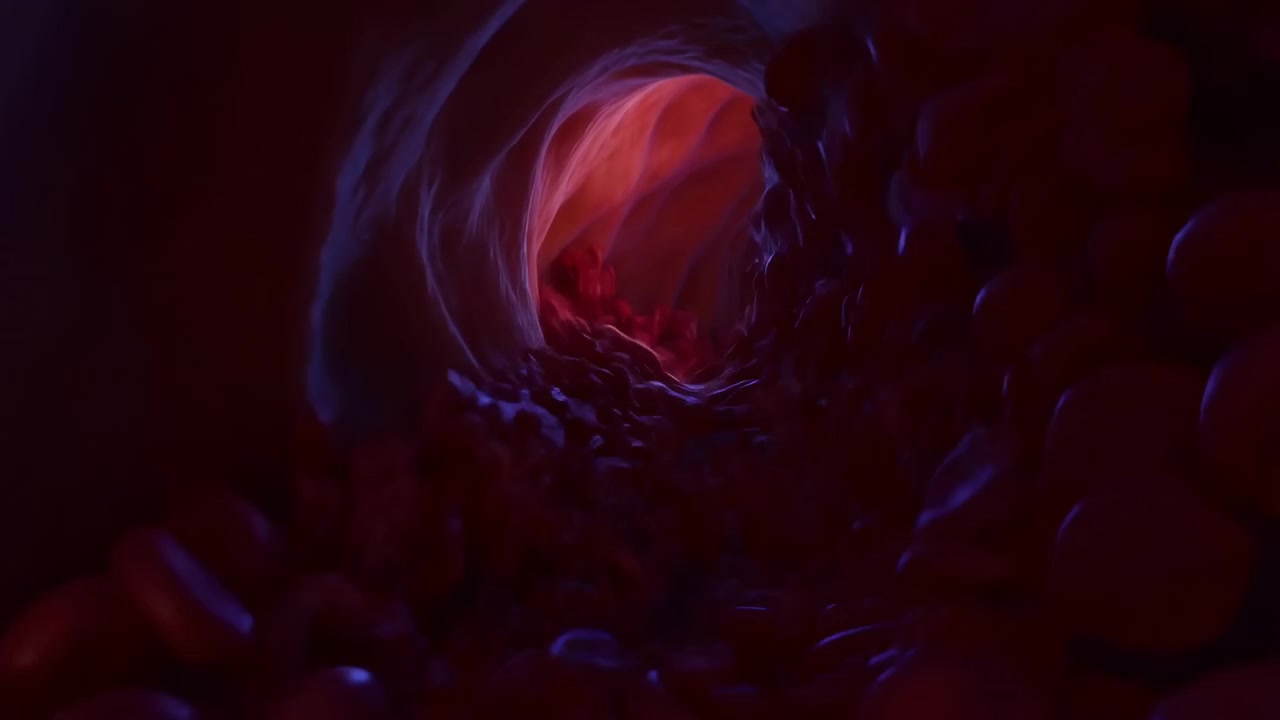 Glossy red flowing forms fill the frame around a blue swirling vortex, creating a dark abstract tunnel with strong depth, motion, and dramatic contrast