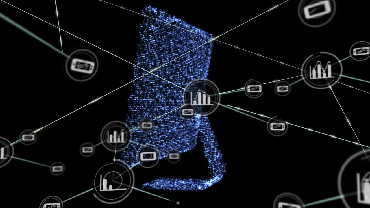 компьютер с соединителями, движущимися на черном фоне