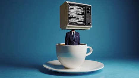 businessman with a tv for a head in a coffee cup