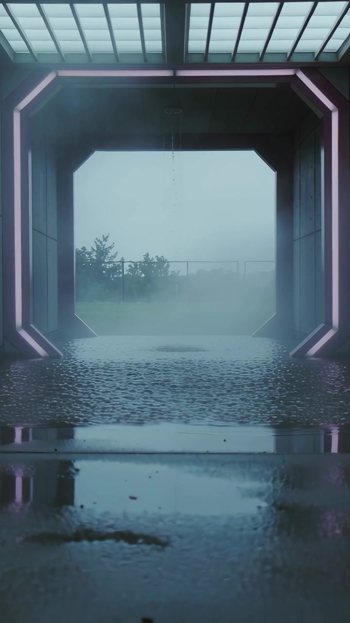 Video verticale: Pioggerellina che crea increspature sul pavimento del tunnel e nebbia che entra nel portale
