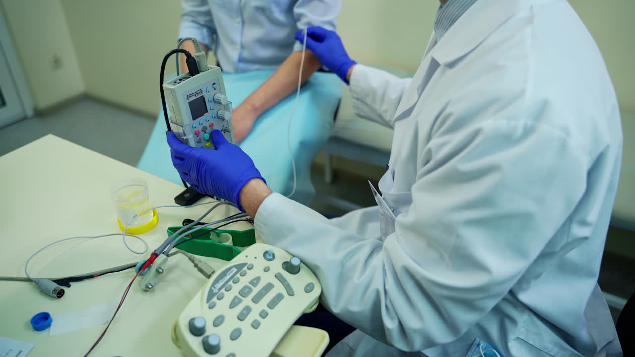 Neurologist testing reflexes of patient. Doctor examining female patient reflex in hospital