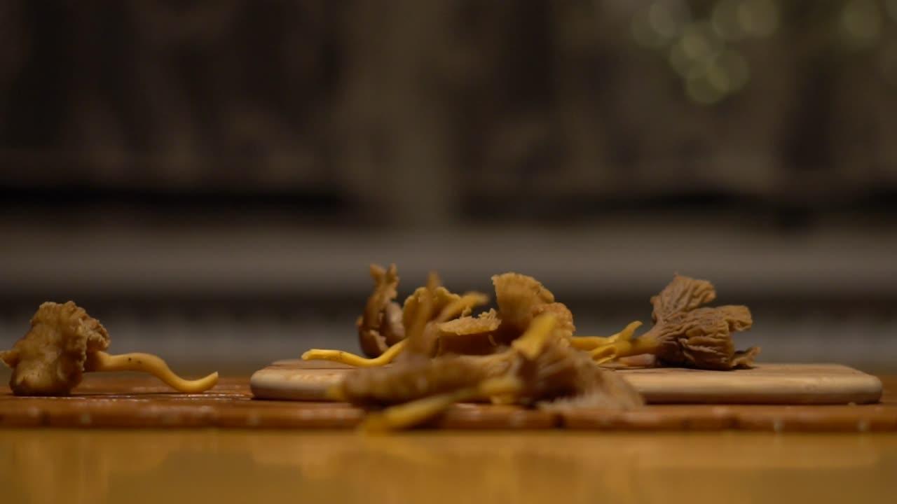 toma cinematográfica del hongo rebozuelo del embudo cayendo sobre un tajo