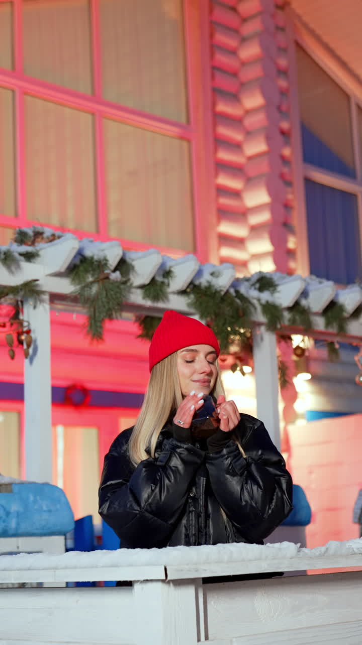 Long-haired blonde wearing red cap and black coat stands on the porch of cottage. Woman drinks hot tea, warms her hands and enjoys peaceful winter evening. Vertical video.