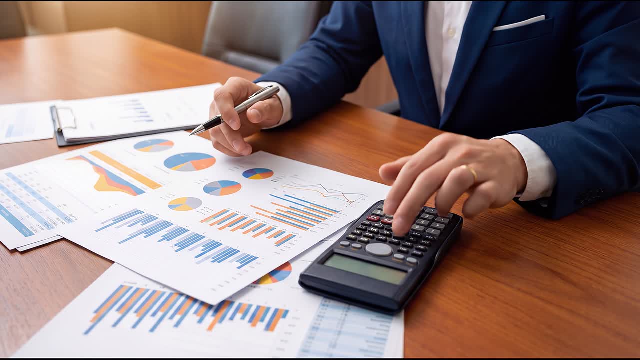 Uomo d'affari che esamina grafici finanziari e calcola le performance aziendali usando una calcolatrice alla scrivania