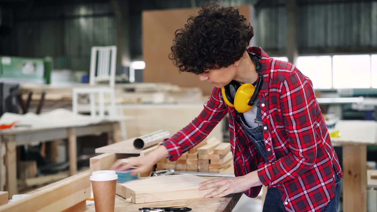 Woman Woodworker Sanding Wood in Workshop