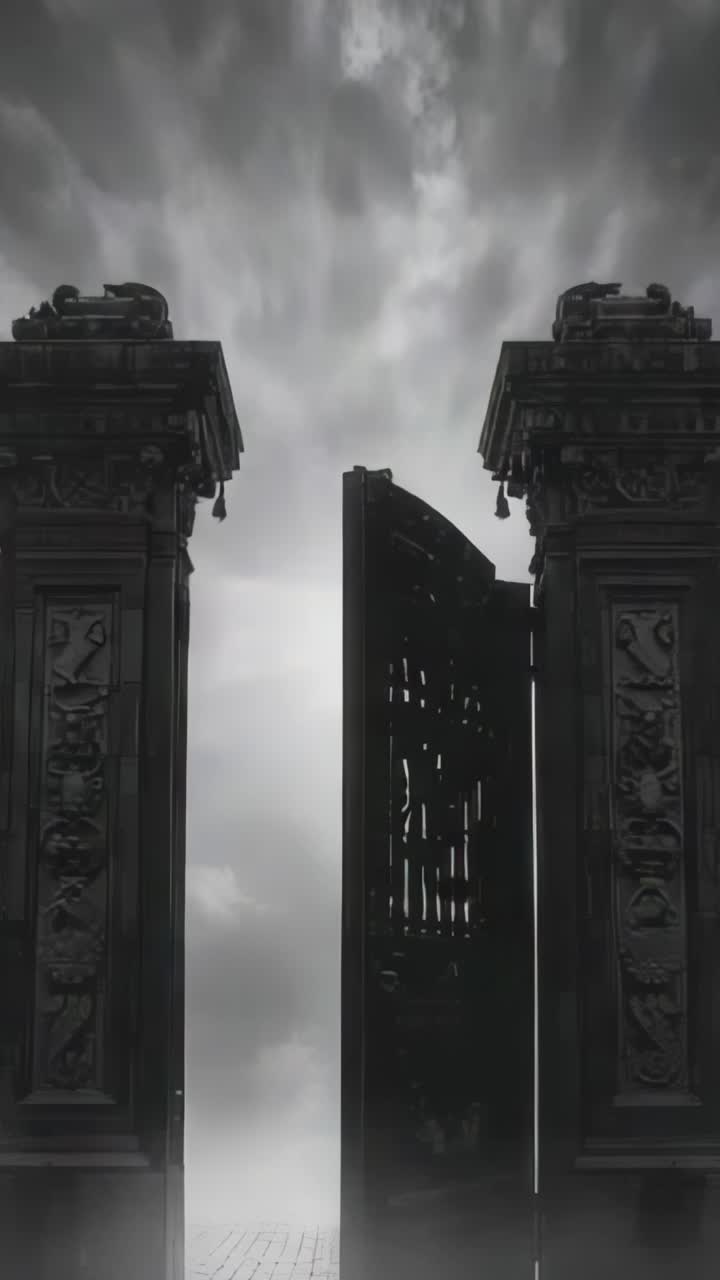 Vertical video: Opening iron gate panel revealing cloudy horizon beyond stone pillars, copy space