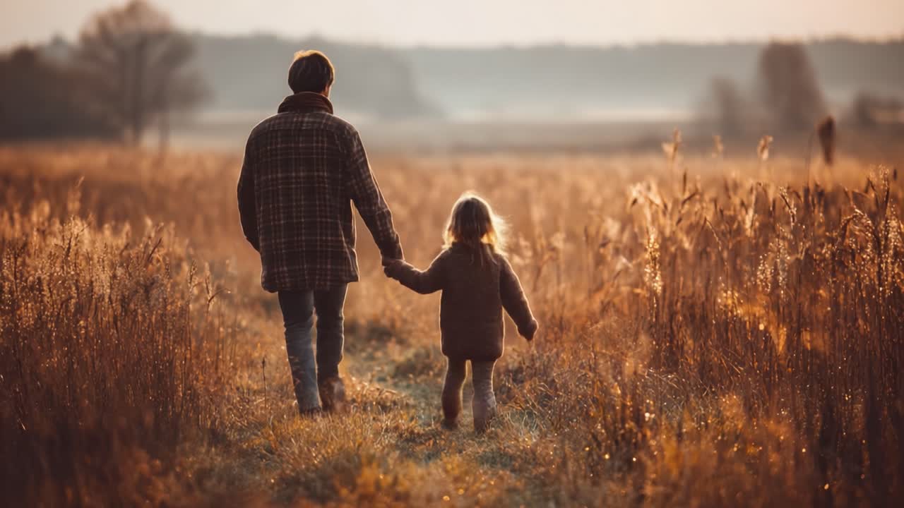 A Heartwarming Walk: A Parent and Child Enjoying Nature's Beauty in a Serene Golden Field at Dusk