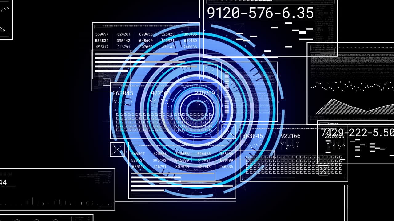 animación de las interfaces con el procesamiento de datos contra el escáner redondo de neón sobre fondo negro