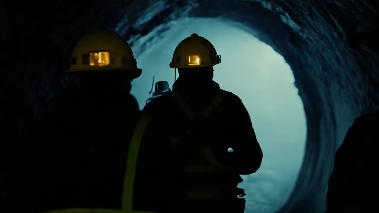 Tre bygningsarbejdere går gennem en mørk tunnel