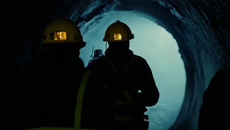 three construction workers walking through a dark tunnel