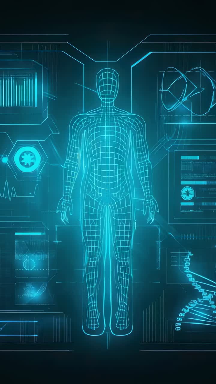 Vertical video: Fading cyan wireframe figure being analyzed in virtual grid with rotating DNA helix