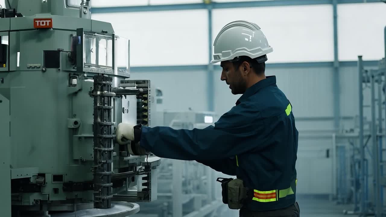 A worker in a factory operating a large industrial machine