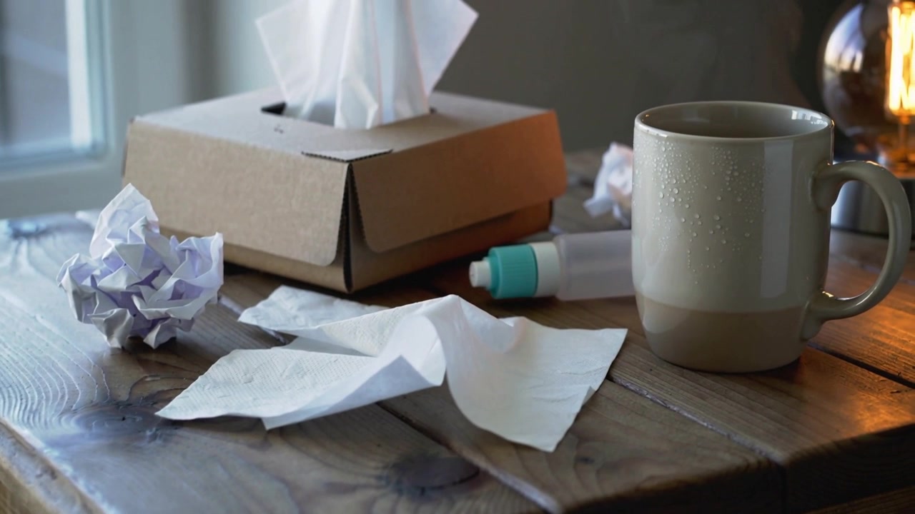 Settling loose tissue sheet pulled by gravity onto wooden side table near window, revealing inhaler