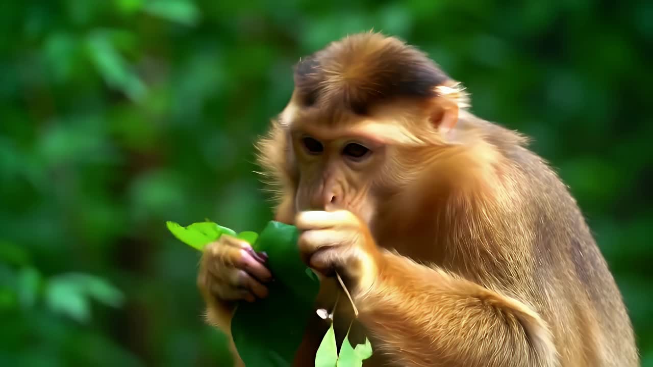 Close-up of a Toque Macaque Monkey Eating a Green Leaf in the Jungle