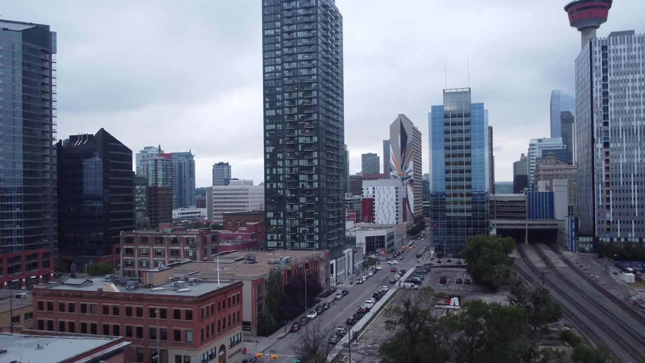 Calgary City Downtown aerial drone cloudy Pull Out
