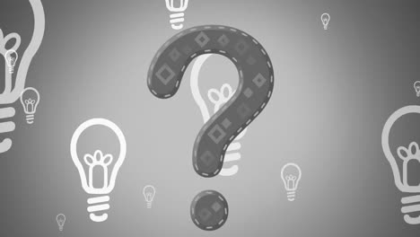 Animation-of-question-mark-over-lightbulbs-on-grey-background