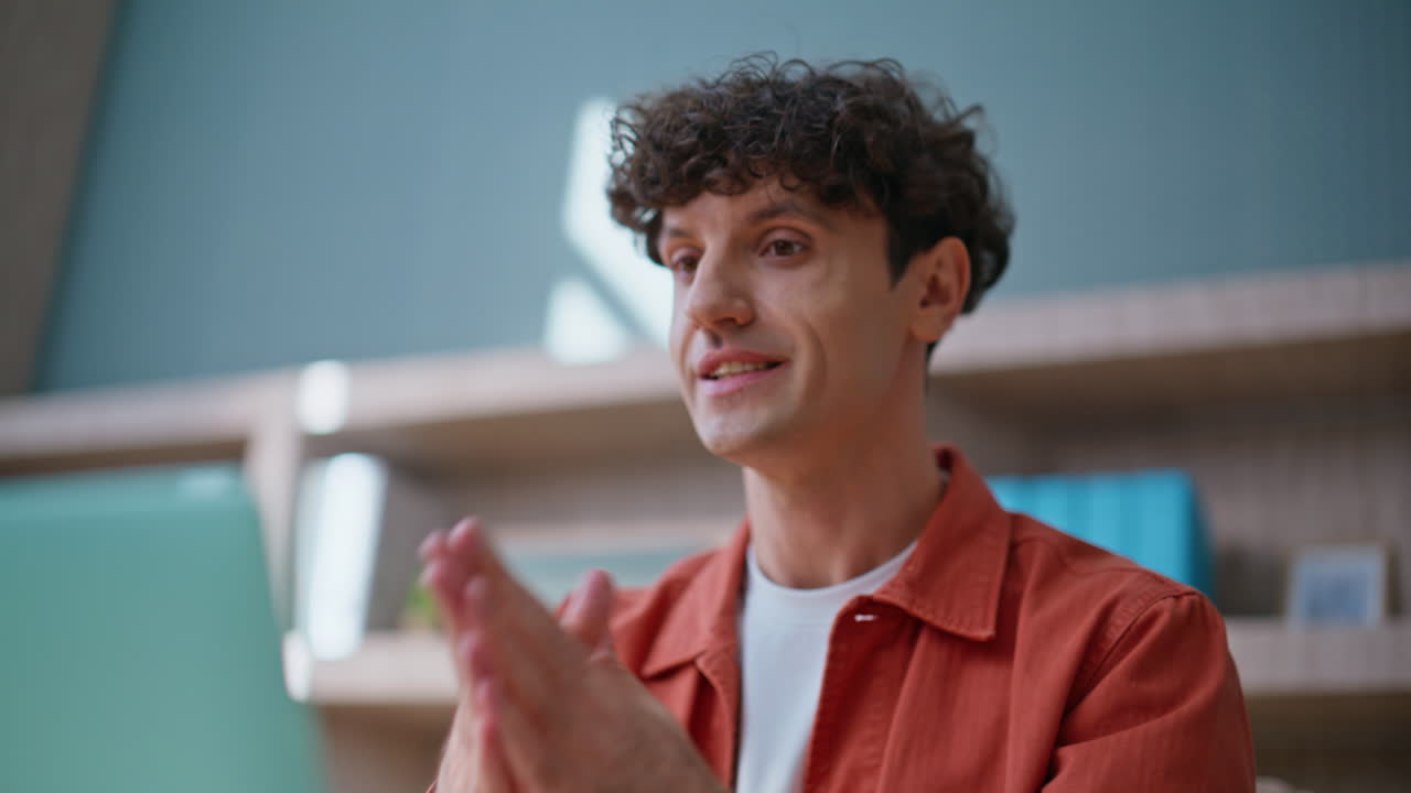 Boss complaining problem videocall closeup. Nervous businessman talking online