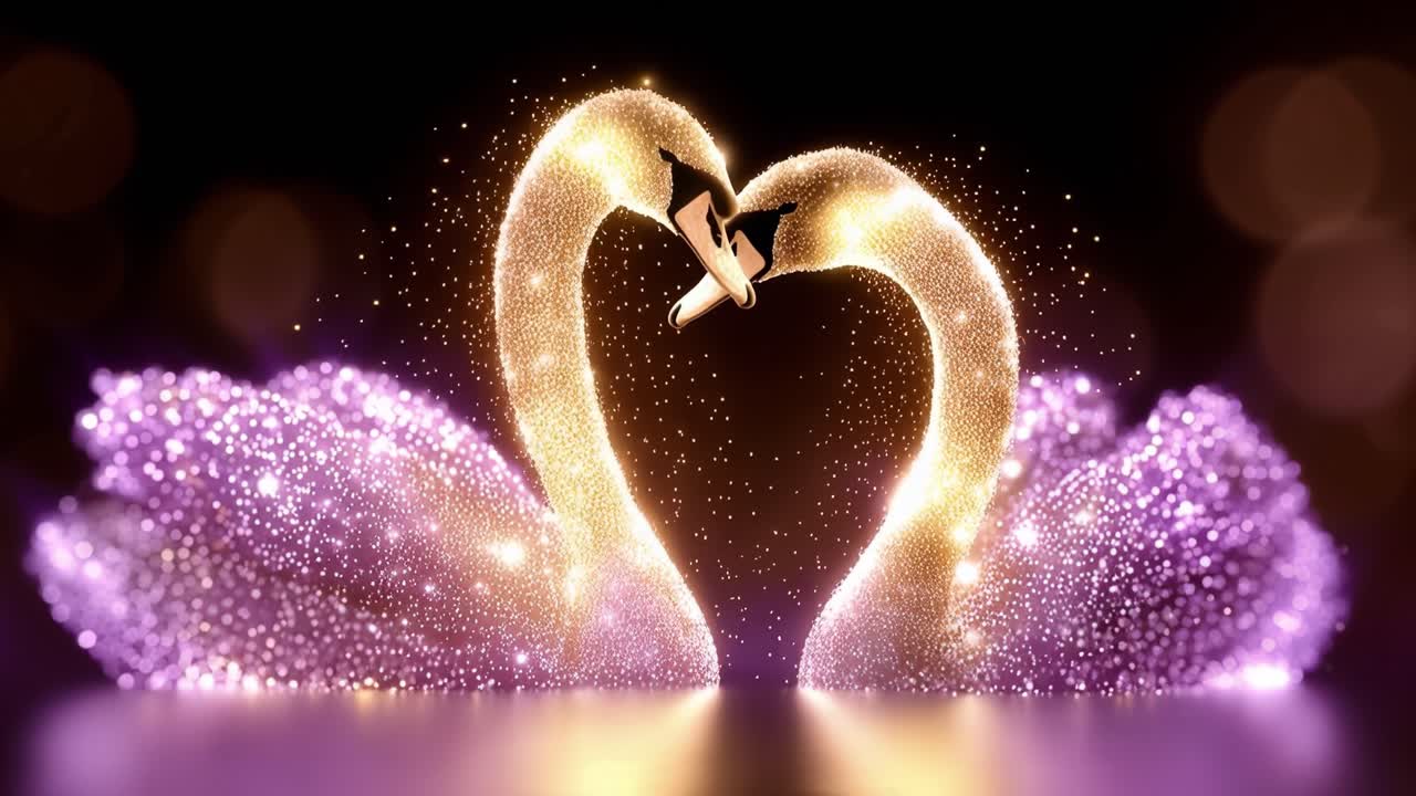 Dois cisnes luminosos formam um coração. Suas penas cintilam com partículas brilhantes. Uma luz roxa suave brilha sob eles. A cena transmite uma sensação mágica e romântica. Perfeito para amor, casamento.