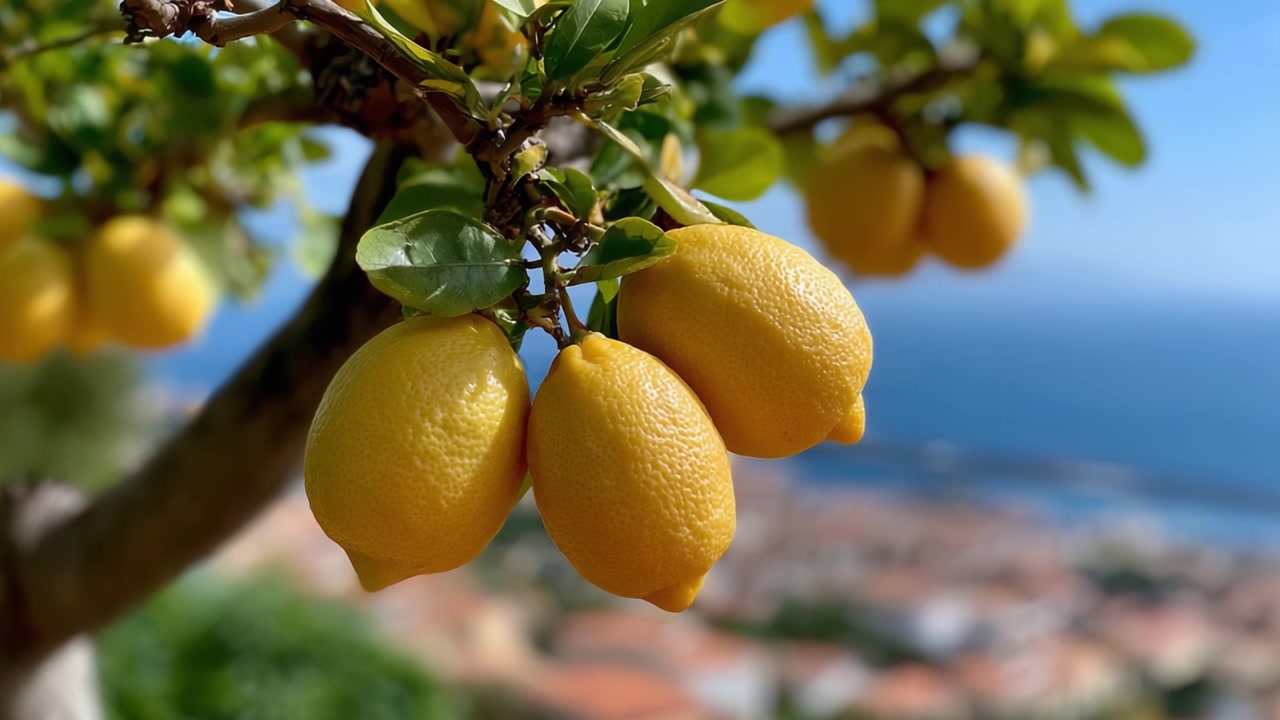 Un primo piano vivace di limoni appena maturi che pendono da un albero rigoglioso, su uno sfondo costiero panoramico con un cielo azzurro limpido e un paesaggio bellissimo.