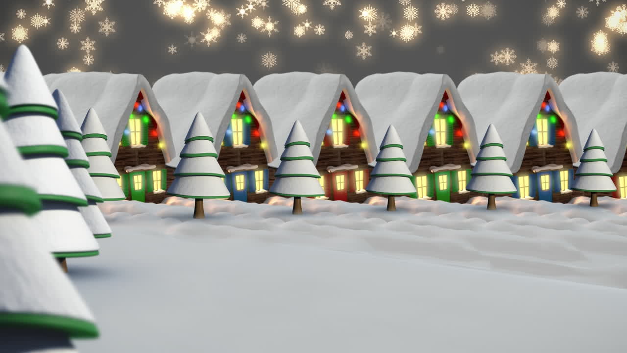 검은 바탕에 장식 된 집과 함께 겨울 풍경의 애니메이션