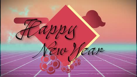 Animation-of-happy-new-year-text-over-chinese-pattern-on-grid-background